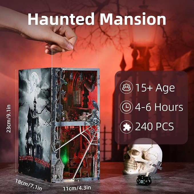 fifijoy Haunted Horror Book Nook Kit, DIY Miniature Dollhouse Halloween Booknook Kit, Spooky Creepy Scary 3D Wooden Puzzle Bookend Bookshelf Insert Decor with LED Light (Haunted Mansion)