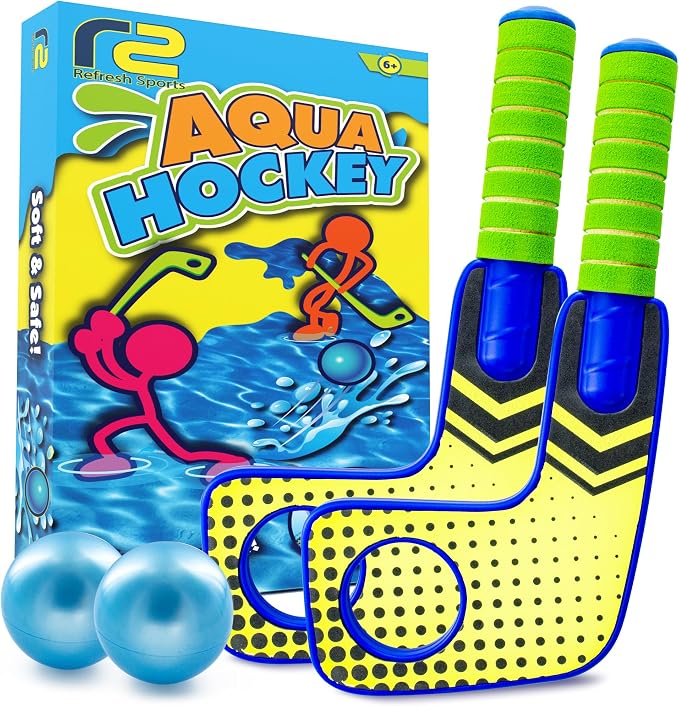 Fun Mini Hockey Sticks Game - Play at the Pool & Beach or in Home - For Kids & Adults All Ages - Use The Floating Soft Paddles to Shoot the Water Skipping Balls - Comes With 2 Sticks & 2 Balls