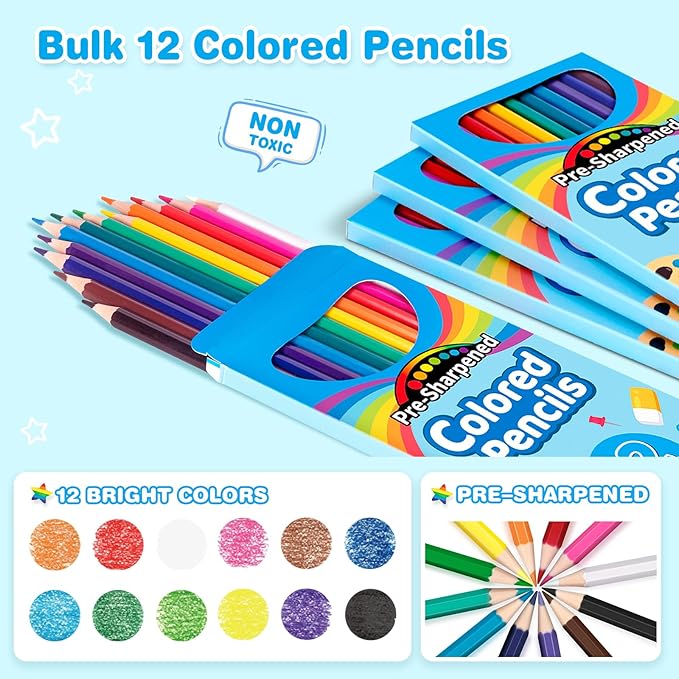 V-Opitos 288 Count Colored Pencils for Kids, 24 Pack Bulk Colored Pencils in 12 Colors, Pre-sharpened Coloring Pencils, Ideal School Supplies & Classroom Prizes, Kids Party Favor