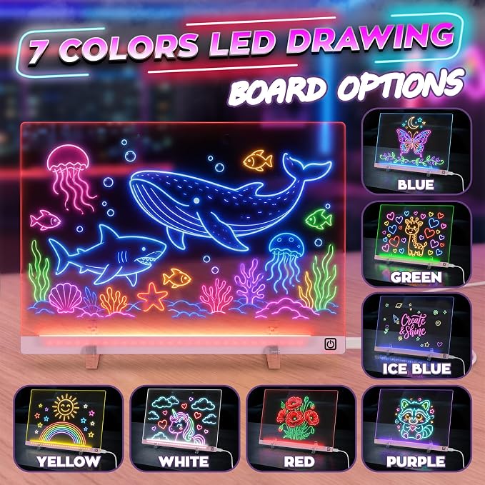 LED Drawing Board with USB-C Power – 16 Inch Acrylic Light Board for Tracing with Edge-Lit Color-Changing Glow, 7 LED Colors, 6 Light Modes – Plug-and-Play Kit with Markers, Stands, Gift Box (Pink)