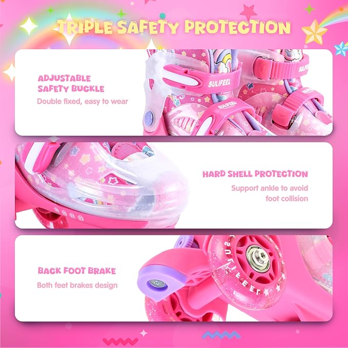 SULIFEEL Adjustable Roller Skates for Girls Boys Kids,Fun Illuminating Light Up Flash Wheels Three-Point Type Balance Suitable for Beginners Indoor Roller Skating