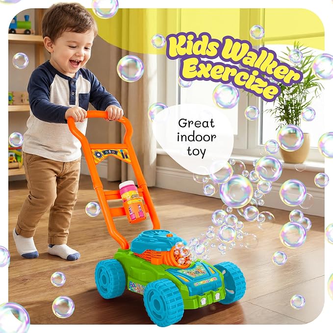 Hoopi Extreme Bubble Lawn Mower for Toddlers 1-3, Spill-Proof Kids Bubble Machine with Lights for 2-Year-Old Boy Birthday Gift, Bubbles Blowing Push Toddler Outdoor Toys for Ages 2-4 with 3 Bottles