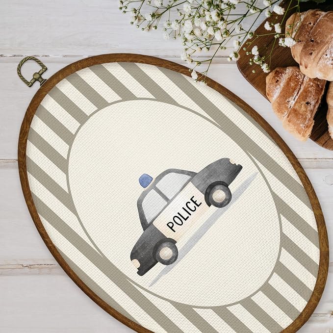 WULQYING Vintage Police Car Nursery Wall Art Decor, Kids Room Oval Framed Canvas Art Prints, Neutral Striped Police Car Wall Hanging Decor for Kids Boy Nursery Room Playroom, 8.5x11.4 Inches