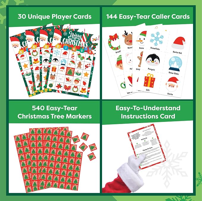 Joyousa Christmas Bingo Game for Kids, Large Groups - 30 Players - Christmas Games for Family Party - Reusable Christmas Bingo for Kids Christmas Party Games - Christmas Gifts for Grandkids