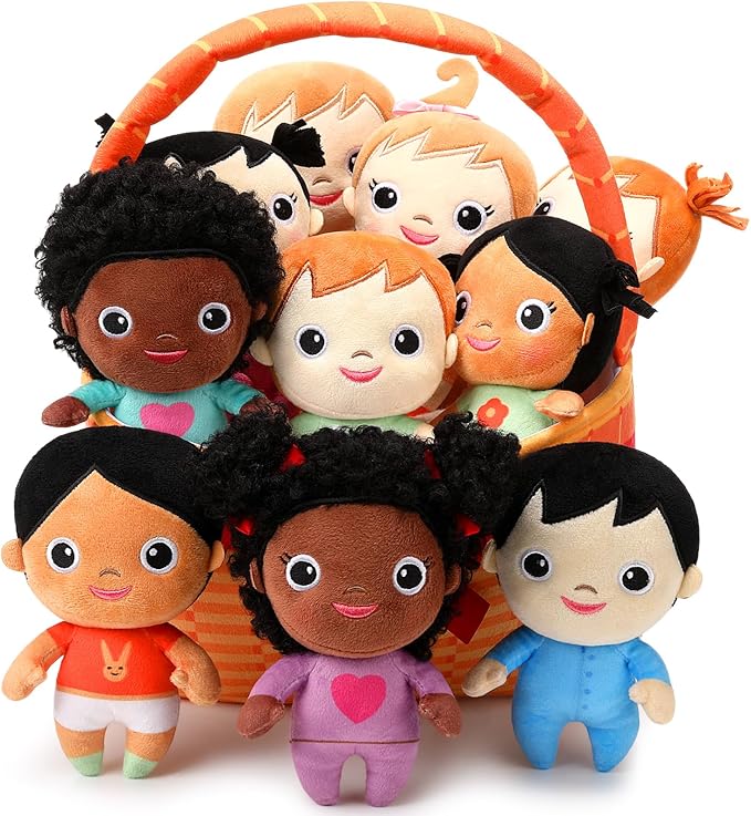 HyDren 10 Pcs Gifts for Children's Day Kids Multicultural Plush Dolls with Basket Diverse Soft Stuffed Dolls Inclusive Toys for Preschool Classroom Daycare Cultural Awareness Gift Set for Boys Girls