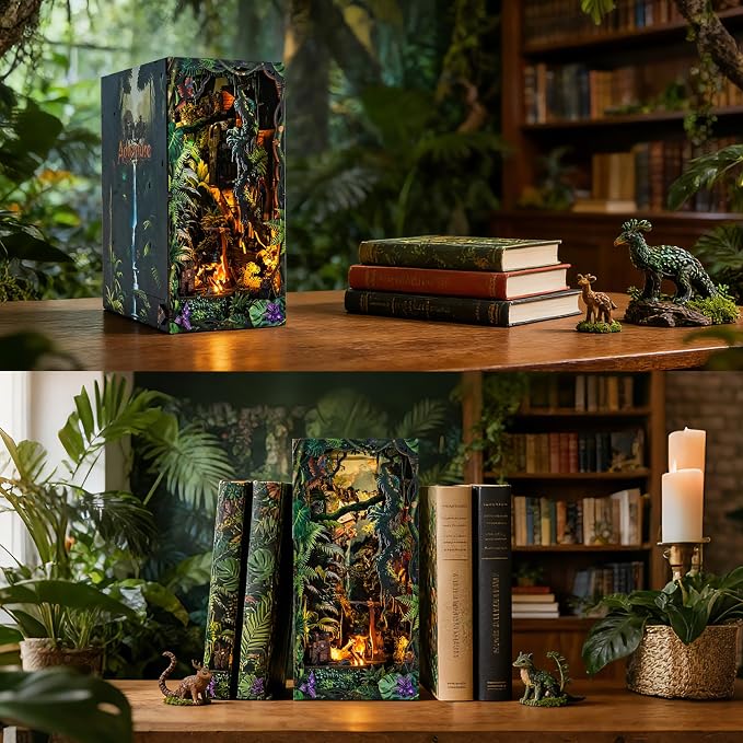 fifijoy Book Nook Kit - DIY Miniature House Dollhouse Kit for Adults and Teens, 3D Wooden Puzzle Bookend Tiny House Bookshelf Decor with LED Light, Gifts for Family and Friends (Jungle Adventure)