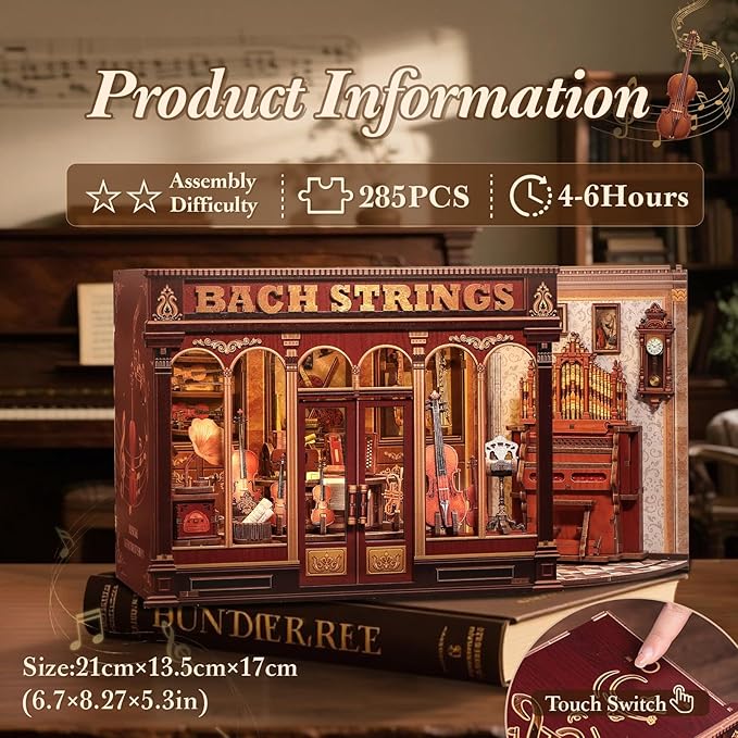 CUTEBEE Book Nook Kit - DIY Miniature House Dollhouse Kit for Adults and Teens, Music Shop Booknook Bookshelf Insert Decor, 3D Wooden Puzzle, Creative Gift for Family, Friends (Bach Strings)