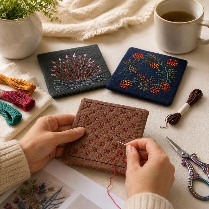 TMEGMIC Sashiko Embroidery Kit for Beginners, DIY Hand Stitching Coaster Making Craft Kit, Makes 10 Pcs in 4 Patterns (DIY Material Kit Only)