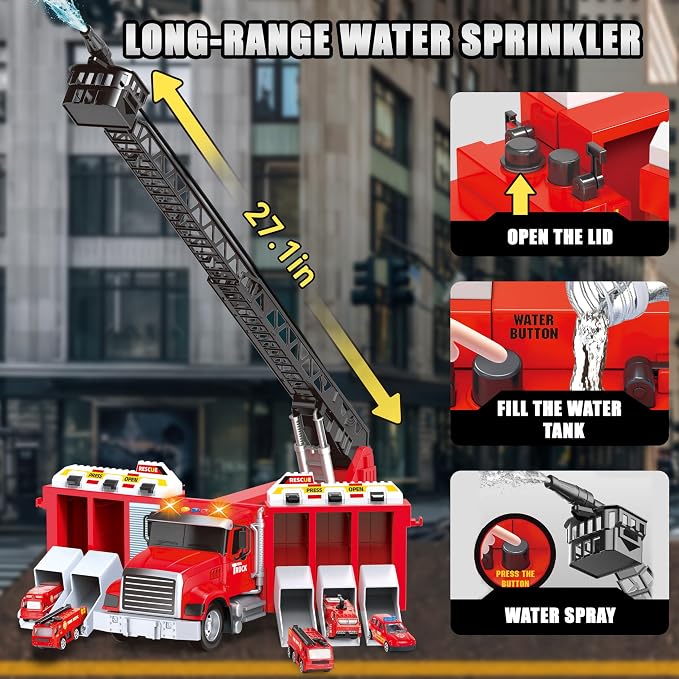 Inertial Drive Fire Truck Toy for 2 Year Old 27+'' Liftable Ladder/180° Rotatable Water Sprinkler , 6 Alloy Rescue Car Fire Trucks Playset, Light/Sound Firetruck Toys 3-5 Years Old w/Openable Carriage