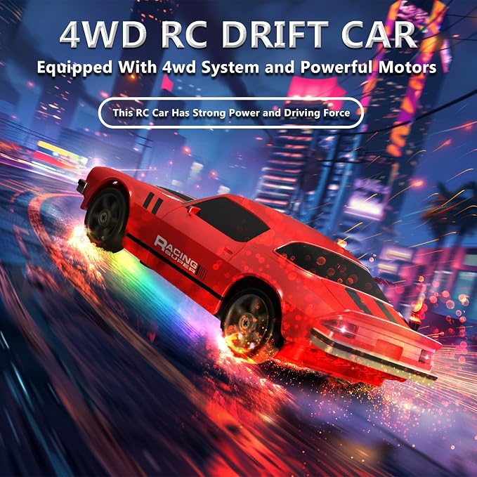 Remote Control Car RC Drift Car 2.4GHz 1:24 4WD 15KM/H High Speed Racing Sport Car with LED Lights Drifting Tire Racing Sport Toy for Adults Boys Girls Kids Gift 2Pcs Rechargeable Batteries