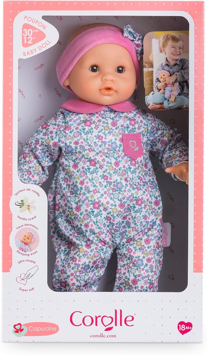 Corolle Bébé Calin Capucine Baby Doll - 12" Soft-Body with Sleeping Eyes That Open and Close, Vanilla-Scented - Mon Premier Poupon Collection Baby Dolls for 2 Year Old Girls