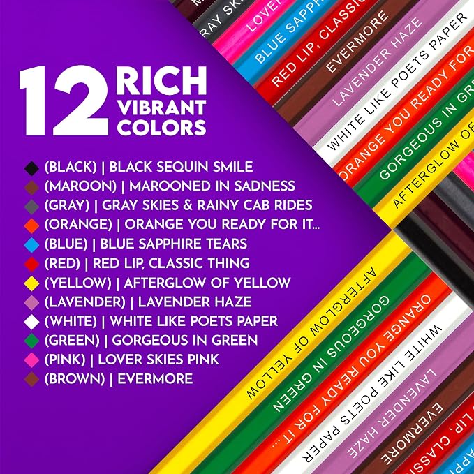 Swiftly Colored Pencils - 12 Foil-Stamped Lyric-Themed Colored Pencils + 5 Coloring Pages, Soft Core Color Pencil Set & Creative Gift for Music Lovers, Pop Culture Fans & Coloring Books