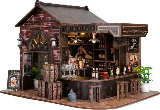 Book Nook Kit, DIY 3D Wooden Puzzle Miniature House, Vintage Pub Corner Tavern with LED Lights, Mini Dollhouse Building Kit Tiny House for Adults, Christmas Birthday Day Gift for Family