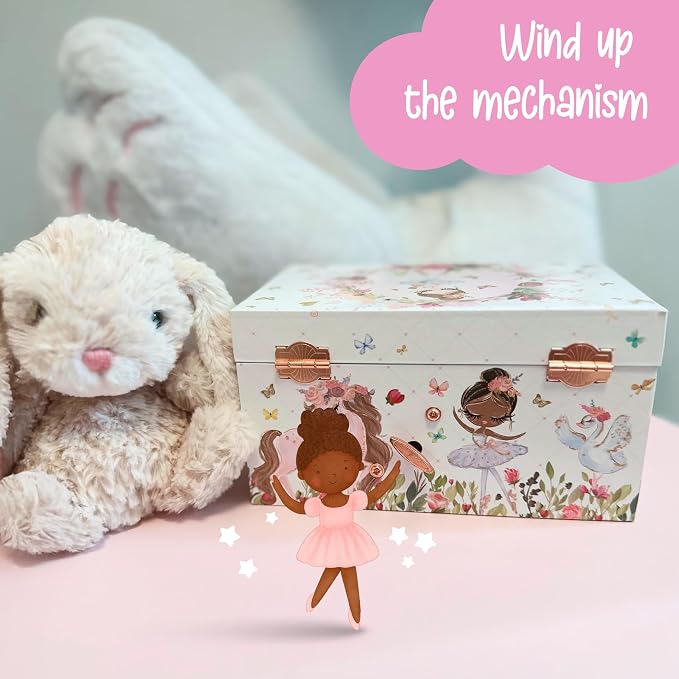 The Memory Building Co Black Ballerina Musical Jewelry Box Plays Classic Melody, Storage Organizer Music Box for Kids Ages 6-12 MDF Wood w/ 2 Fabric Lined Ring Bracelet Necklace Treasure Compartments
