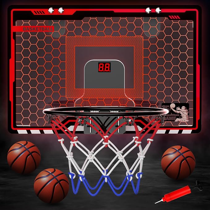 HopeRock Indoor Basketball Hoop for Kids, Over The Door Mini Basketball Hoops, with LED Light, Scoreboard, Birthday Toys Gifts for 5 6 7 8 9 10 11 12+ Year Old Boys