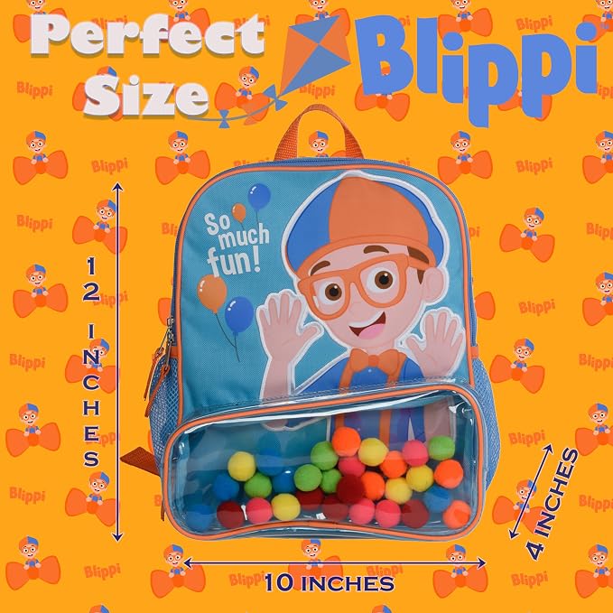 Blippi Backpack with Sound for Boys and Girls, Clear Front Pocket and Mesh Side Pockets, Toddler’s Schoolbag with Padded Back and Adjustable Straps, Versatile Day Pack for Kids, Blue and Orange