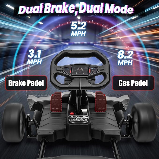 24V Electric Go Kart, Kids Drift Kart with Dual 400W Motors, Length Adjustable Seat, 8.2 MPH Max, 130LBS Max Load, Outdoor Ride on Toy Crazy Kart w/Bluetooth Music, Rainbow Light