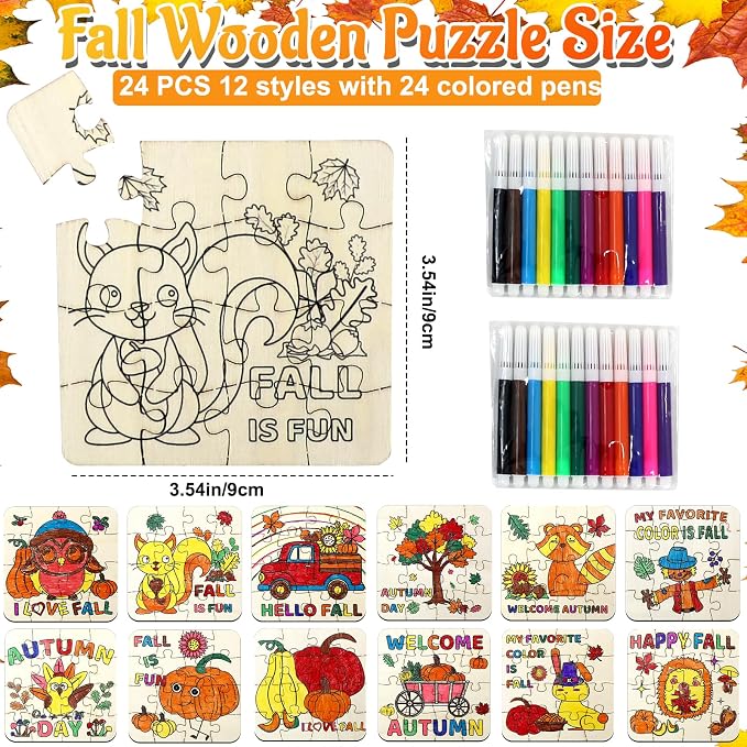 Fall Thanksgiving Wooden Crafts for Kids Autumn Activities Kit Blank Puzzle | 24 Set Thanksgiving wood Jigsaw leaf Turkey Fall Harvest Party Favors Classroom Gift Arts DIY Coloring Game Toy Supplies Bulk