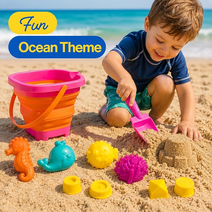 Beach Toys for Kids, 12-Piece Foldable Sand Toy Set, Silicone Beach Bucket, Sand Toys for Toddlers Ages 2-8, Beach Bucket and Shovel Set, Outdoor Beach and Sandbox Toys (Pink Set)