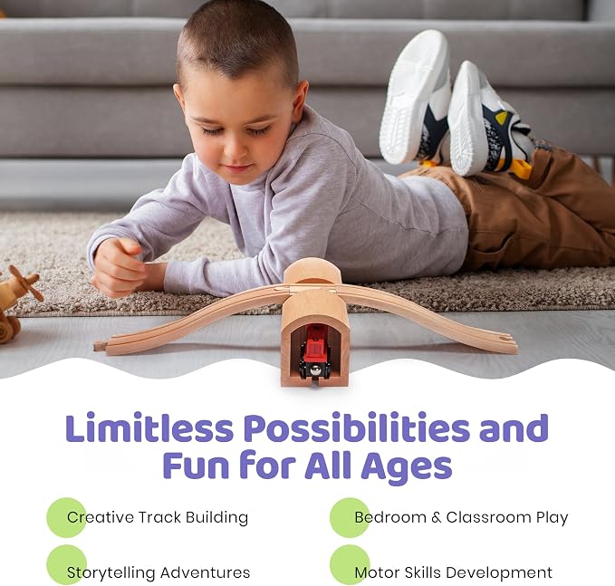 maxim enterprise, inc. Wooden Train Track Over & Under Tunnel Bridge & Easy-Connect Railway, Hardwood Train Set Compatible with Thomas and Friends, BRIO, Major Brand Wooden Train Sets and Accessories