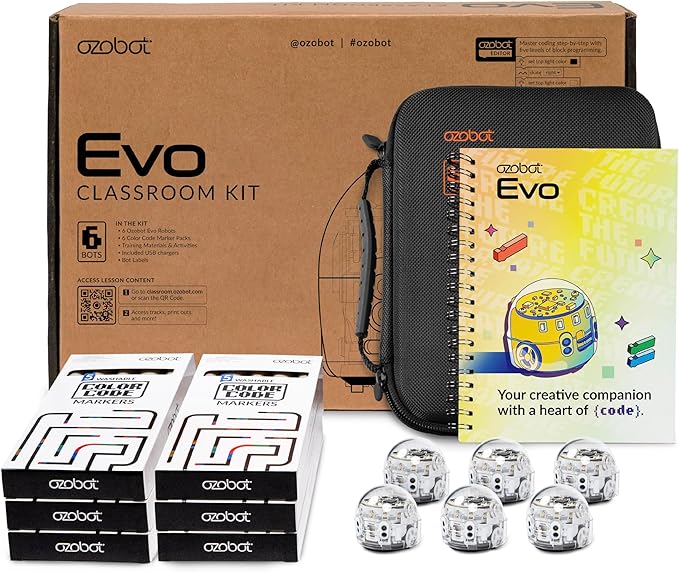 Ozobot Evo Classroom Kit (6 Bots): Professional STEM Education Set for Grades K-12, Includes 18 Robots, Charging Cradle, Color Code Markers, and Access to 700+ Lesson Plans for Teachers and Schools