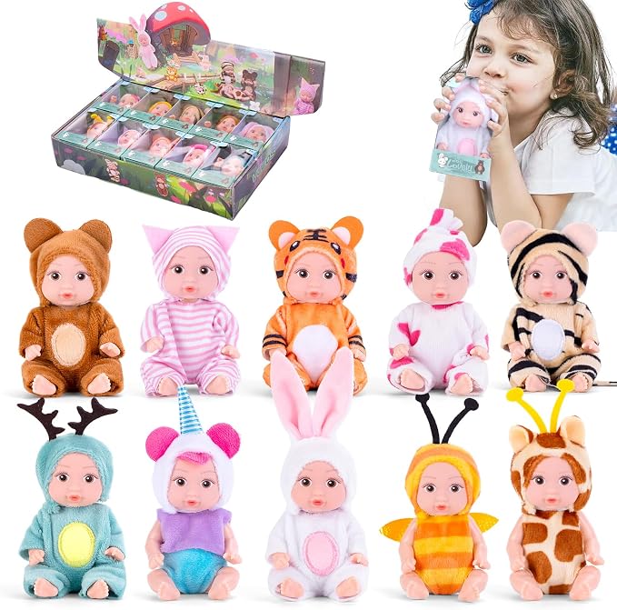 Vueos 10PCS 4inch Mini Reborn Baby Dolls Set with 10 Outfits - Realistic Open Eye Design Child-Safe Role Play Toys for Girls Boys, Christmas Birthday Easter Gift Sets