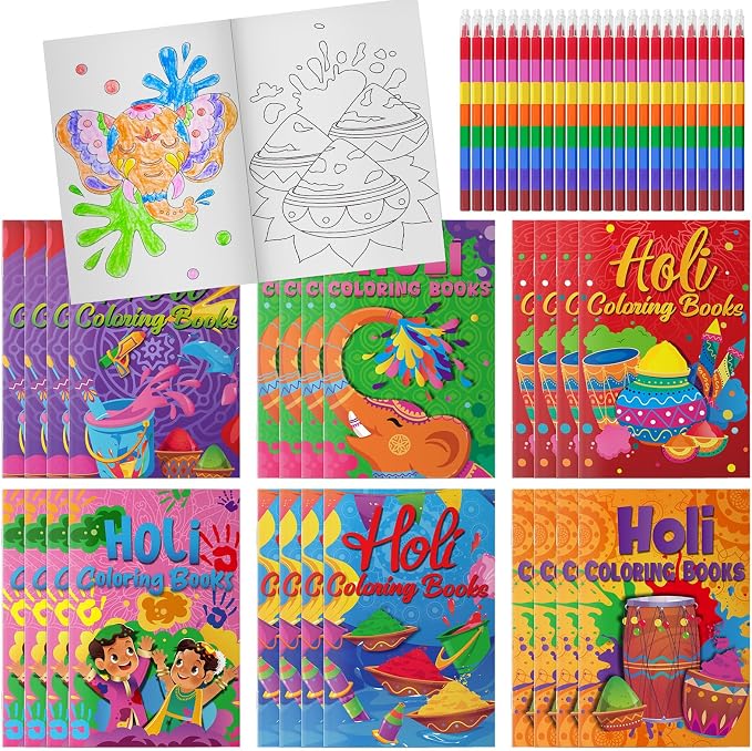 Cinrobiye 24 Set Holi Coloring Books Bulk DIY Mini Happy Holi Art Drawing Set with Stackable Crayons for Festival Party Gifts Goodie Bag Fillers Classroom Activity Rewards