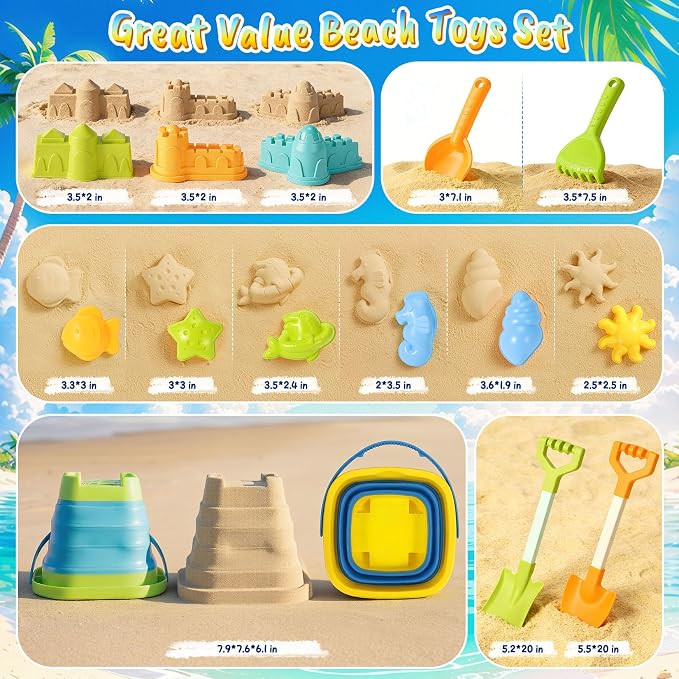 HUITEM Beach Sand Toys for Kids with 20 in Long Beach Shovels, 2 Collapsible Bucket, Sand Castle Building Kit, Sand Molds, Mesh Bag, Travel Sandbox Toys Beach Essentials for Kids Age 3-10