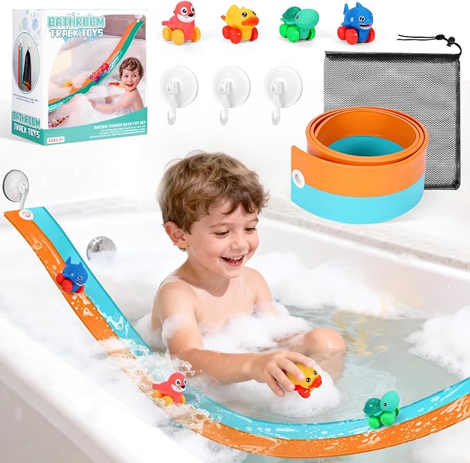 Race Car Bath Toys, Toddler Bathub Toy Set, 5 Ft Flexible Bath Race Track for Kids Ages 3+ , Cars Toy Gift for Baby Boys &Girls, Portable Rolls Up Race Tracks with 1 Mesh Storage Bag & 3 Suction Cup