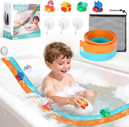 Race Car Bath Toys, Toddler Bathub Toy Set, 5 Ft Flexible Bath Race Track for Kids Ages 3+ , Cars Toy Gift for Baby Boys &Girls, Portable Rolls Up Race Tracks with 1 Mesh Storage Bag & 3 Suction Cup