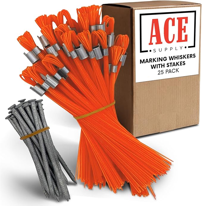 Orange Marking Whiskers With Stakes - 25 Pack - Durable Marking Whisker Set - Use Survey Whiskers As Ground Markers, Construction Markers, Or Trail Markers