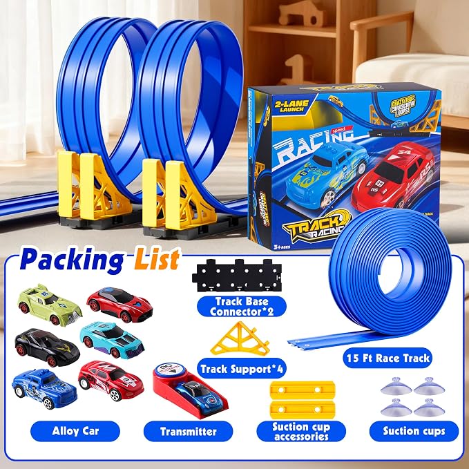 16-Ft Flexible Race Track Set for Kids, DIY Roll-Up Racetrack with 2 Launchers & 6 Mini Cars, Suction-Cup Portable Track Compatible with 1:64 Die-Cast Cars, Indoor & Outdoor Gift for Boys Girls 3+