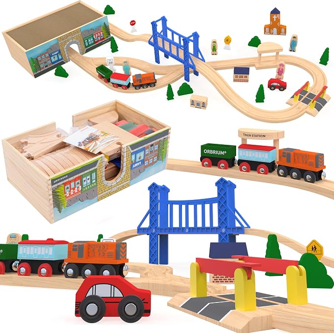 Wooden Train Set Deluxe 52 Pcs with Storage Gift Box Tunnel 9 Layouts Magnetic Trains STEM Montessori Toys Playset for Grandkids Toddler Boys Girls Kids 3+ compatible with Thomas Brio Melissa and Doug