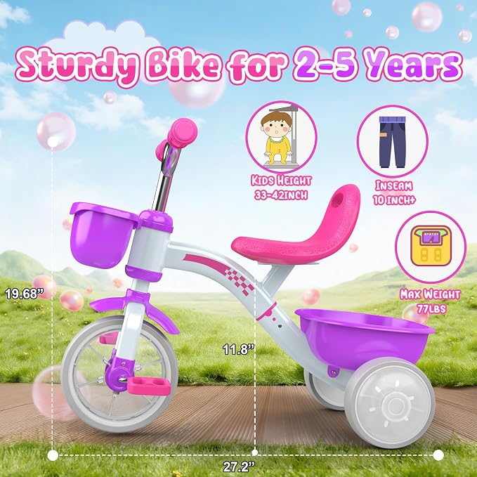 Kkdi Toddler Tricycle for 1-3 3-5 Year Olds, 2 3 4 5 Year Old Girl Birthday Gifts, Purple Toddler Baby Bike, 4-Level Adjustable Seat, 3 Color Light Wheels, 2 Baskets, Outdoor Riding Toys for Ages 2-4