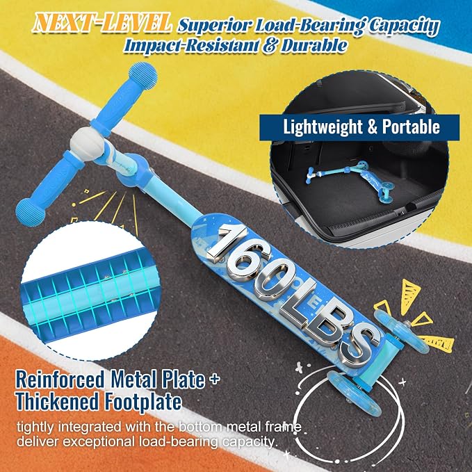 Kids Scooter Ages 3-7, 3 Wheel Scooter with LED Light Up Wheels, Safer Steering & Adjustable Handlebar, Wide Anti-Slip Deck, Heavy Duty Metal Kick Scooter for Boys Girls Toy Gift, Up to 110 lbs