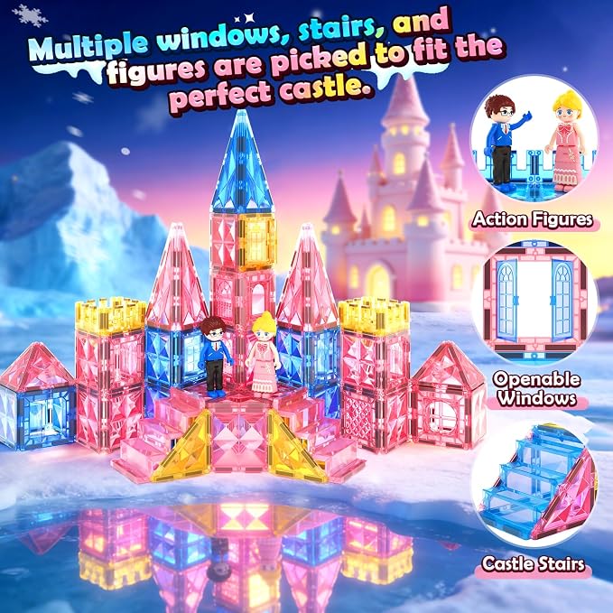 Magnetic Tiles 102pcs with 2 Stairs 2 Dolls Princess Castle Magnetic Building Blocks 3 4 5 6 7 8 9 10 Year Old Girl Birthday Gifts Toys for Girls 3-5 4-6 7-8 8-10 10-12
