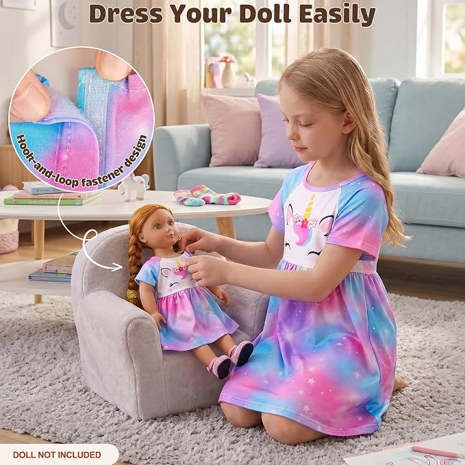 Play Tailor Doll and Girl Matching Nightgown Unicorn Outfit Pajamas Night Dress for Girls and 18" Dolls Clothes