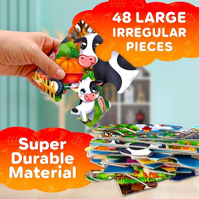 QUOKKA Giant Floor Puzzles for Kids Ages 4-6 – 2x3 Ft Search and Find Jumbo Jigsaw Puzzles for Kids Ages 3-5 – 48 Above and Beyond Farm Animals Scene for 4-8 yo – Toy with Gift Box for Toddlers