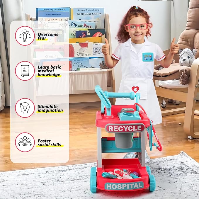 Liberry Doctor Kit for Toddlers Ages 3 4 5, Pretend Kids Doctor Playset with Cart, Costume and Stethoscope, Role Play Medical Toys Birthday Gift for Girls Boys (Red)