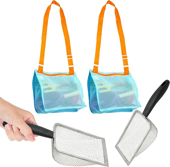 4E's Novelty 2X Shark Tooth Sifter for Beach with 2X Small Mesh Beach Bag for Shell Collecting, Metal Sand Scoop for Picking Up Shells - Beach Toys for Kids (2 Sets)