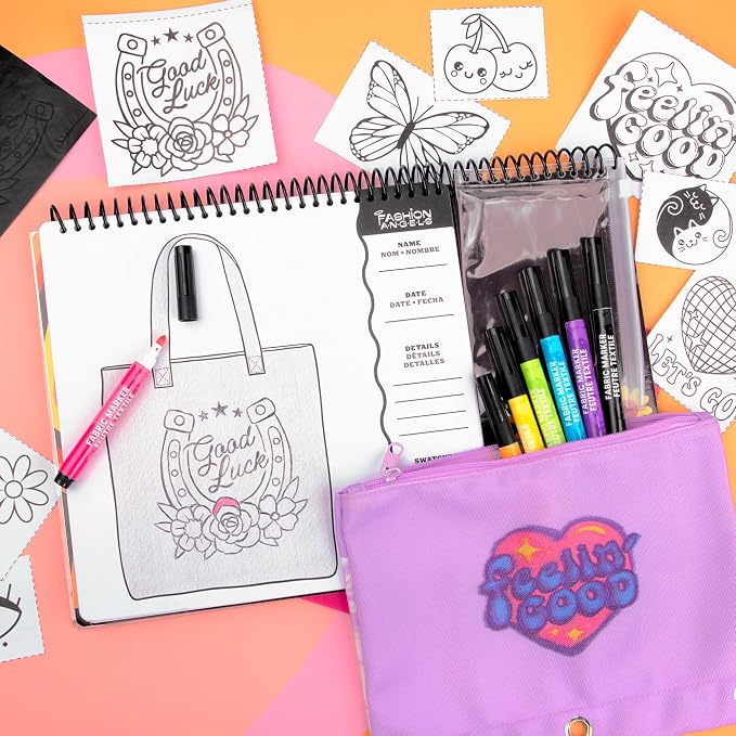 Fashion Angels T-Shirt Design Sketch Portfolio, Includes Stencils, Sketch Pages & Fabric Markers, DIY Fashion Design Kit for Kids & Teens