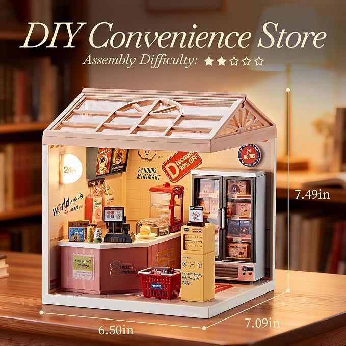Miniature DIY House Kit Convenience Store – 92Pcs 1:24 Scale Dollhouse Mini-Mart Corner Store Shop with LED Light, Realistic Snacks & Connectable Base for Kids 8+ and Hobbyists