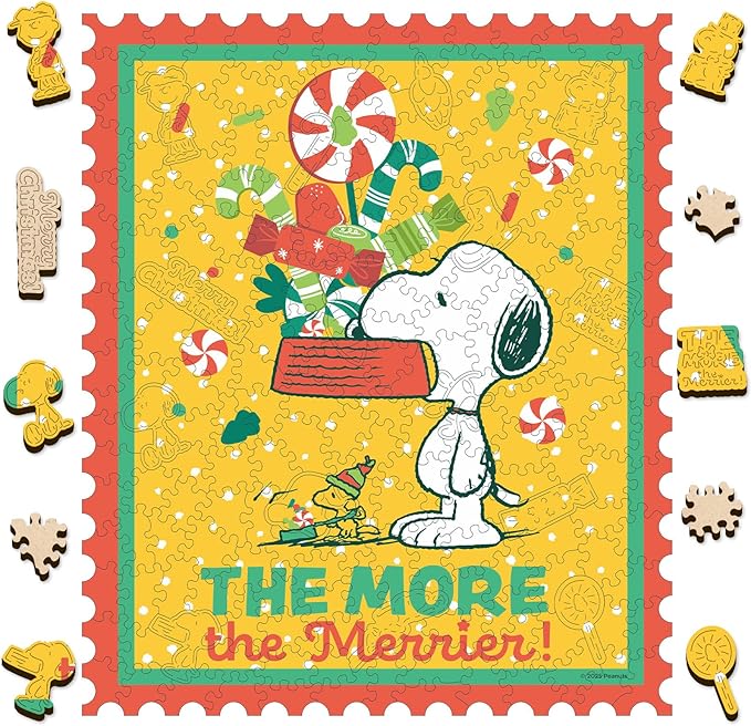 Peanuts Christmas Puzzles for Adults – Snoopy Puzzle Gift for Kids, 200 Pieces Unique Shaped Wooden Jigsaw Puzzles, 5MM Thick, Officially Licensed Merchandise – The More The Merrier, 10.9" x 12.9"