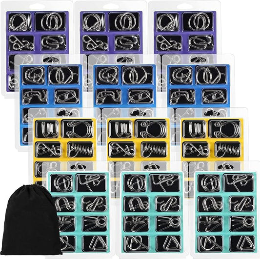 Lenwen 96 Pcs Metal Brain Teaser Puzzles for Adults, Metal Wire Puzzle Set, Iq Brain Games, Disentanglement Iron Link Unlock Interlock Mind Challenge Toys with Pouch for Party Favors