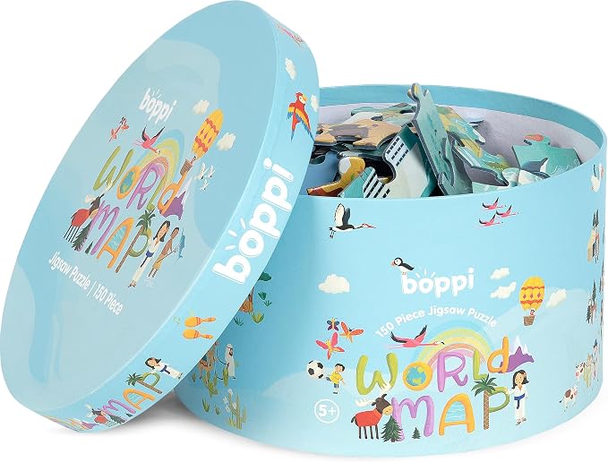 boppi World Map Round Jigsaw Puzzle with 100% Recycled Card 150 Pieces with Animals for Children 5 6 7 8 Years 58cm Diameter
