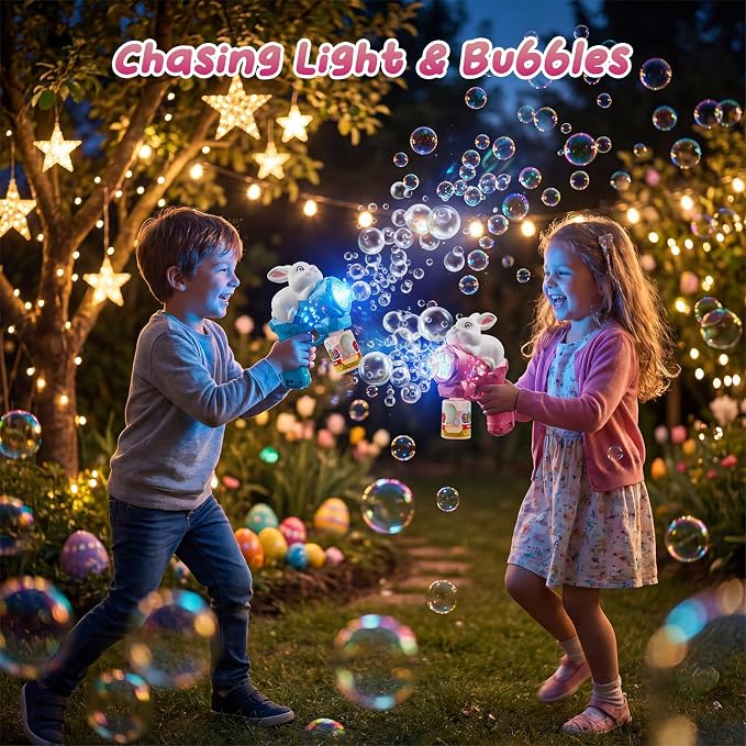 2 Pack Bubble Gun for Kids, Rabbit Bubble Machine for Toddler with LED Lights, 12000+ Bubble/Min, 360° Leak-Proof Bubble Blower Blaster Toy, Outdoor Summer Play, Easter, Wedding & Birthday Gifts