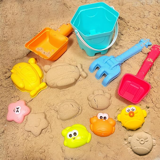 IOKUKI Sand Toys with Mesh Bag Including Dump Truck, Sand Water Wheel, Beach Buckets, Shovels, Rakes, Molds, Outdoor Beach Toys Tool Kit for Kids, Toddlers, Boys and Girls (13 PCS) Age 3+