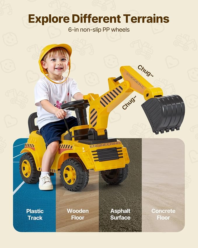 VEVOR Ride On Toddler Car, Push Car for Toddler 19 to 36 Months, Excavator Digger Toy with Helmet & Music, 55 lbs Load Capacity, Foot-to-Floor Walker for Kids, Yellow