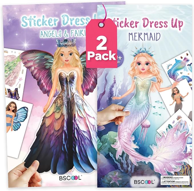 BSCOOL Angels & Fairies and Mermaid Sticker Dress Up Activity Book 2-Pack for Girls Ages 5+ – 200+ Stickers – Fantasy Paper Doll Books – Birthday Gift for Kids