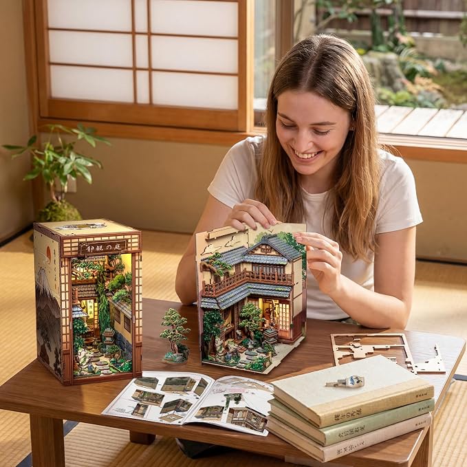 CUTEBEE Book Nook Kit - DIY Miniature House Japanese Zen Diorama Kit, Dollhouse Booknook for Adults, Tiny House Bookshelf Decor 3D Wooden Puzzle Gifts (Serene Courtyard)